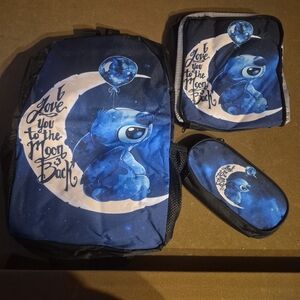 Stitch Blue Backpack and Pouch Set with Moon Design